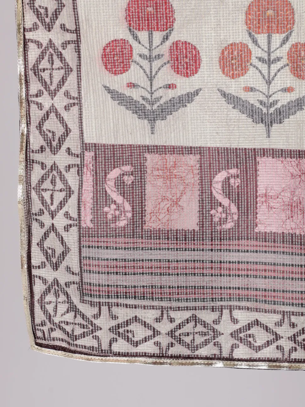 Jaipur Kurti Maroon Tussar Silk Printed Kantha Work Kurta With Palazzo And Kota Doria Dupatta