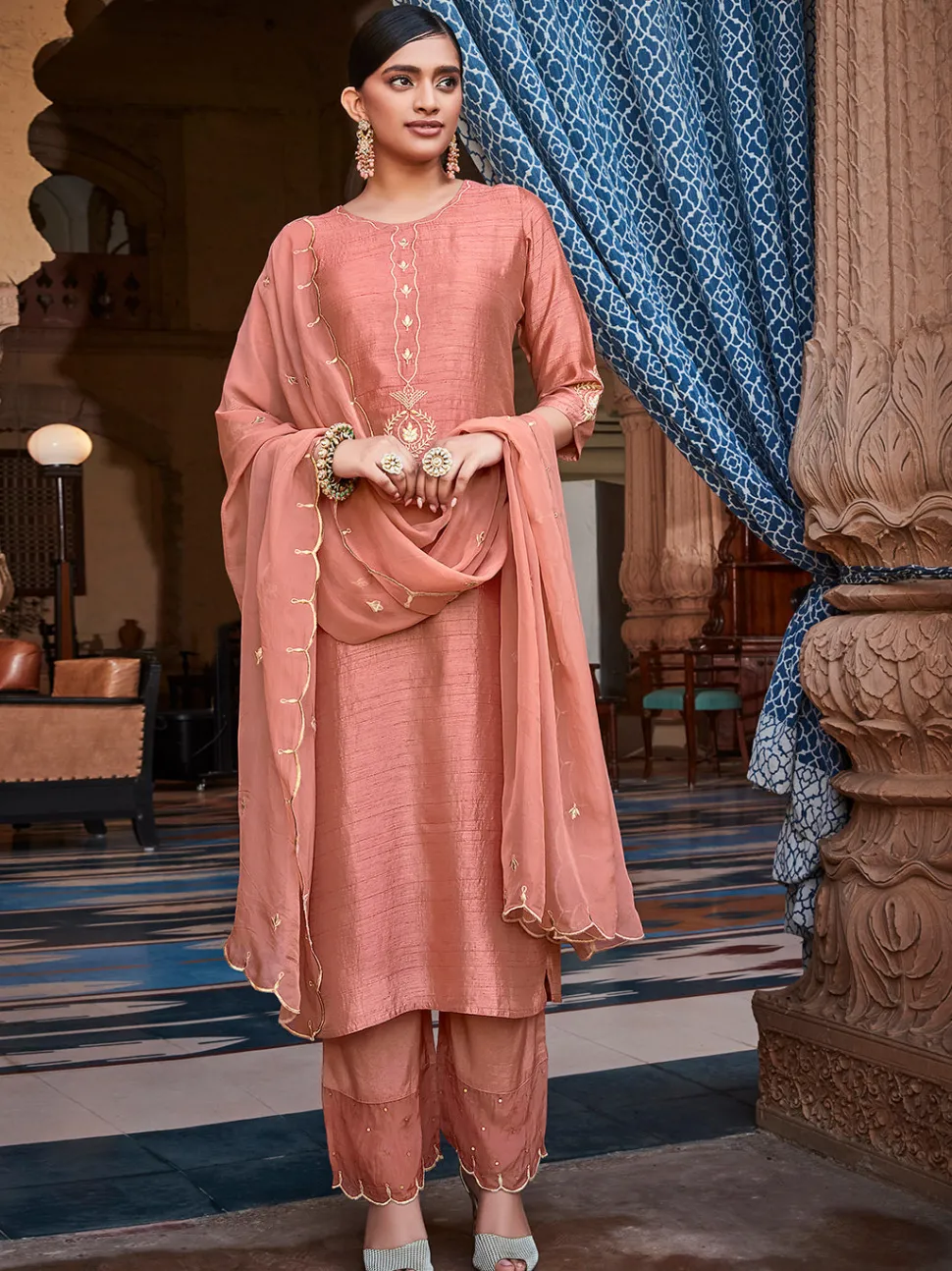 Jaipur Kurti Mauva Straight Solid Embroidered Silk Kurta With Palazzo And Organza Dupatta