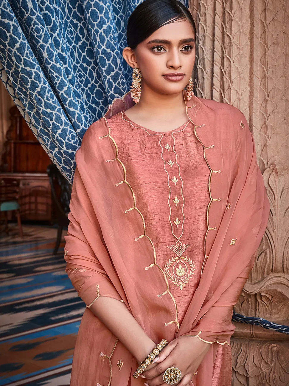 Jaipur Kurti Mauva Straight Solid Embroidered Silk Kurta With Palazzo And Organza Dupatta