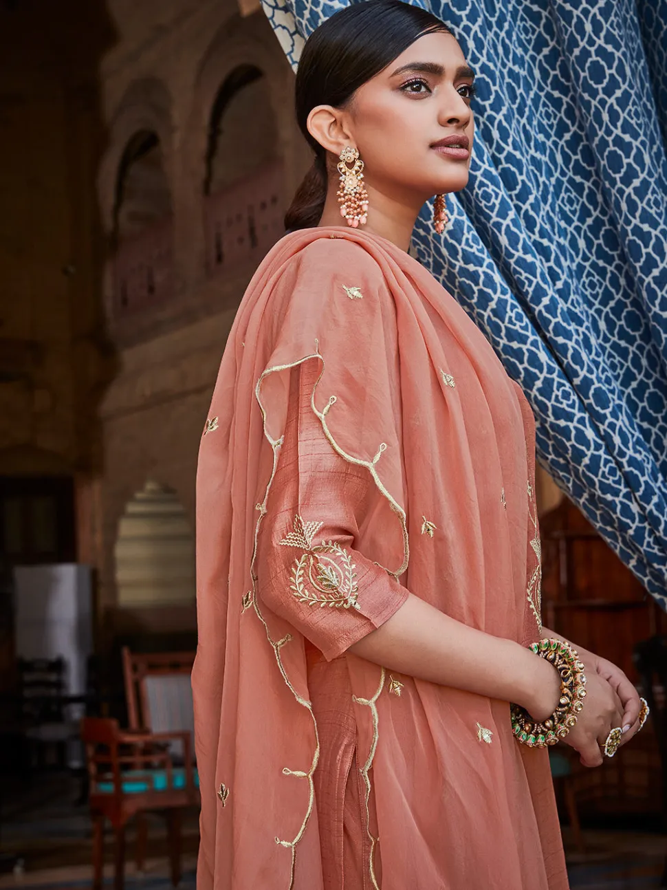 Jaipur Kurti Mauva Straight Solid Embroidered Silk Kurta With Palazzo And Organza Dupatta