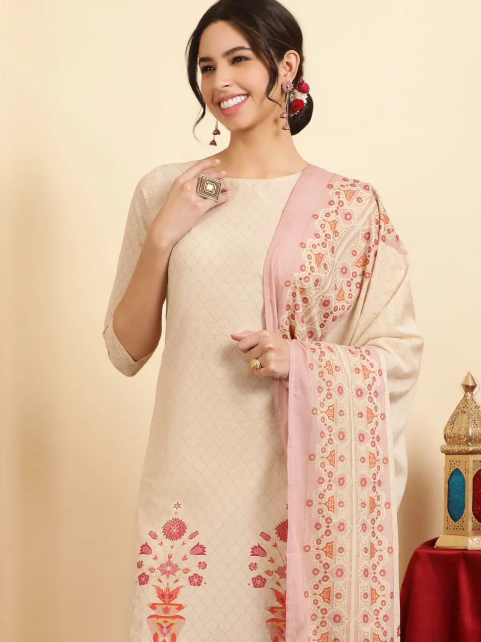 Jaipur Kurti Ethnic Motif Guldasta Cotton Straight Kurta With Pants And Dupatta