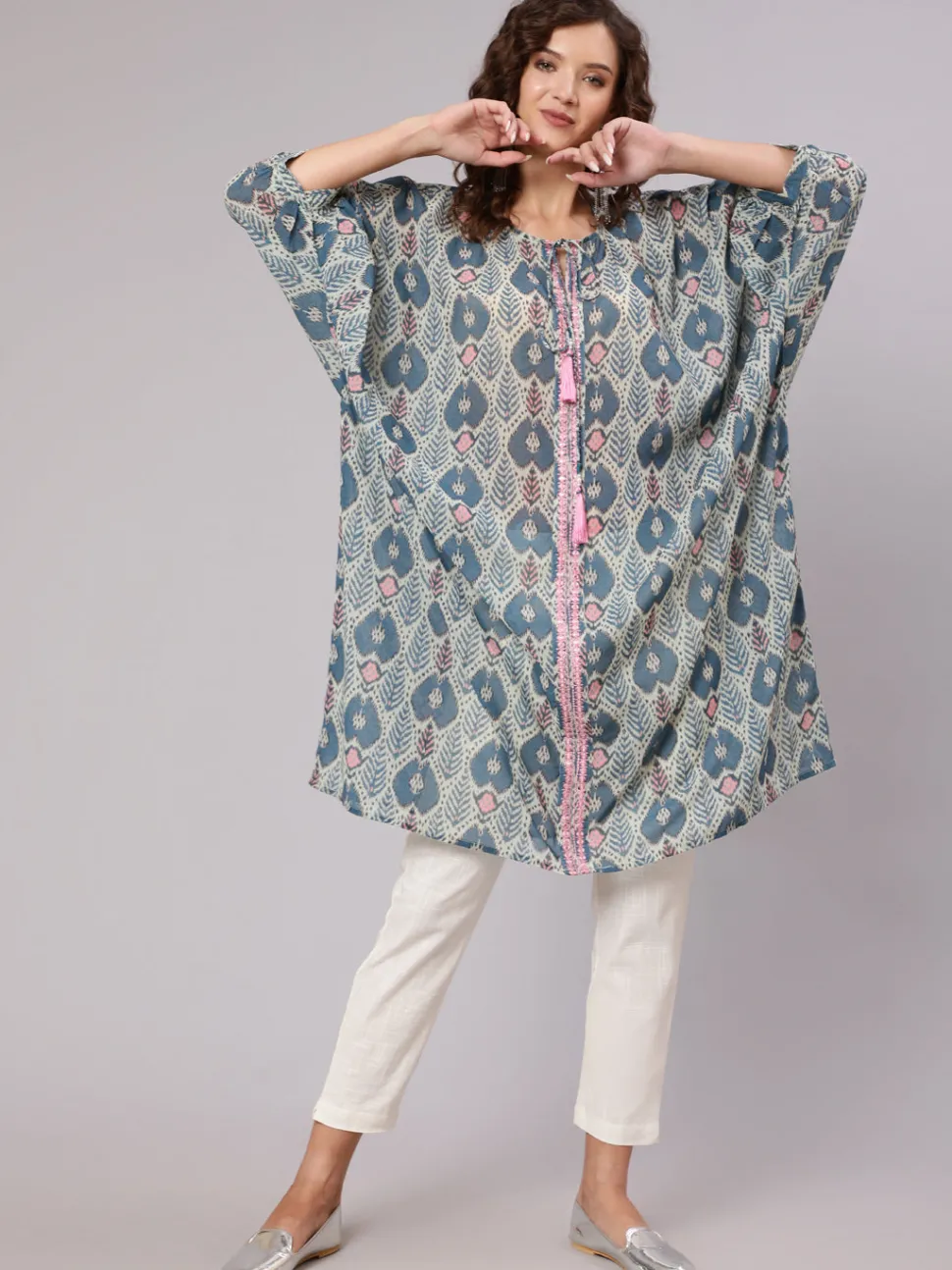 Jaipur Kurti Multi Color Mirror Work Embroidered Georgette Kaftan With Tassels And Slip, Cotton White Regular Fit Trousers