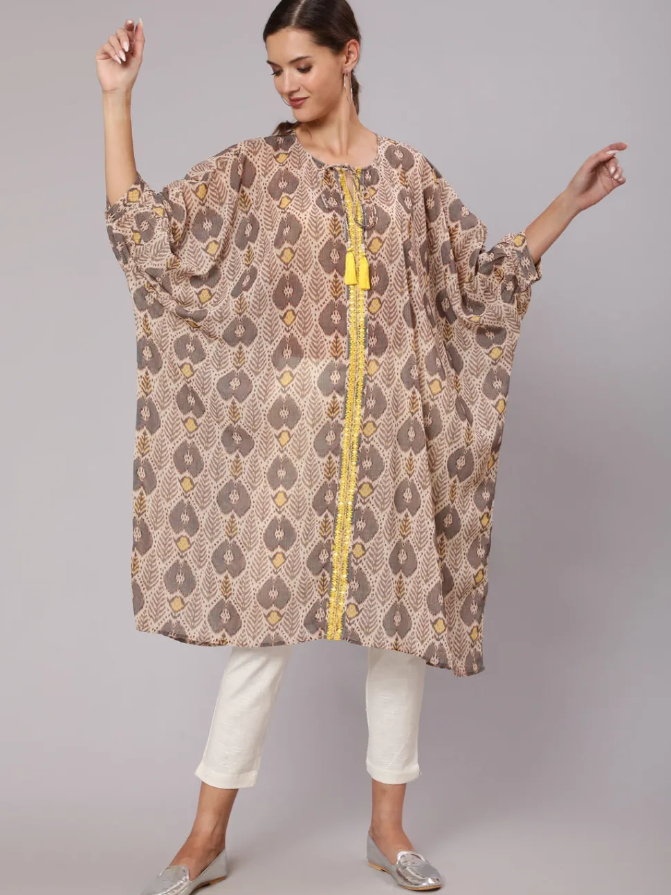Jaipur Kurti Multi Color Mirror Work Embroidered Georgette Kaftan With Tassels And Slip, Cotton White Regular Fit Trousers