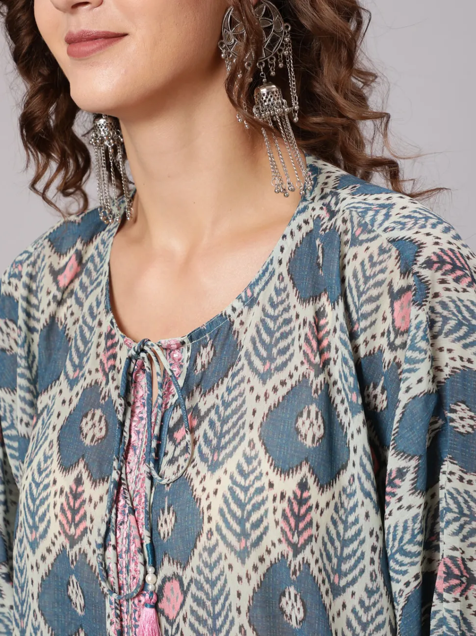 Jaipur Kurti Multi Color Mirror Work Embroidered Georgette Kaftan With Tassels And Slip, Cotton White Regular Fit Trousers