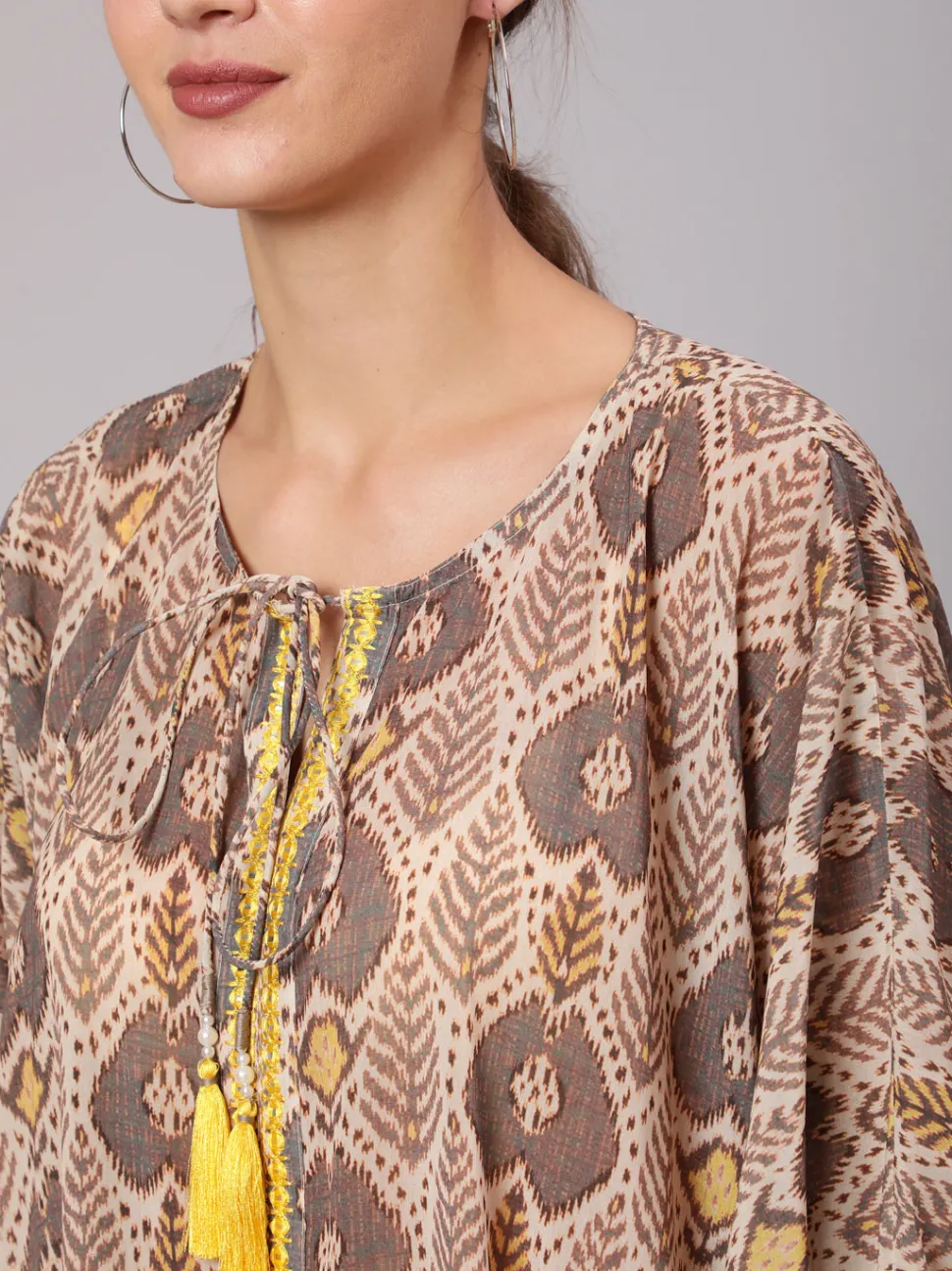 Jaipur Kurti Multi Color Mirror Work Embroidered Georgette Kaftan With Tassels And Slip, Cotton White Regular Fit Trousers