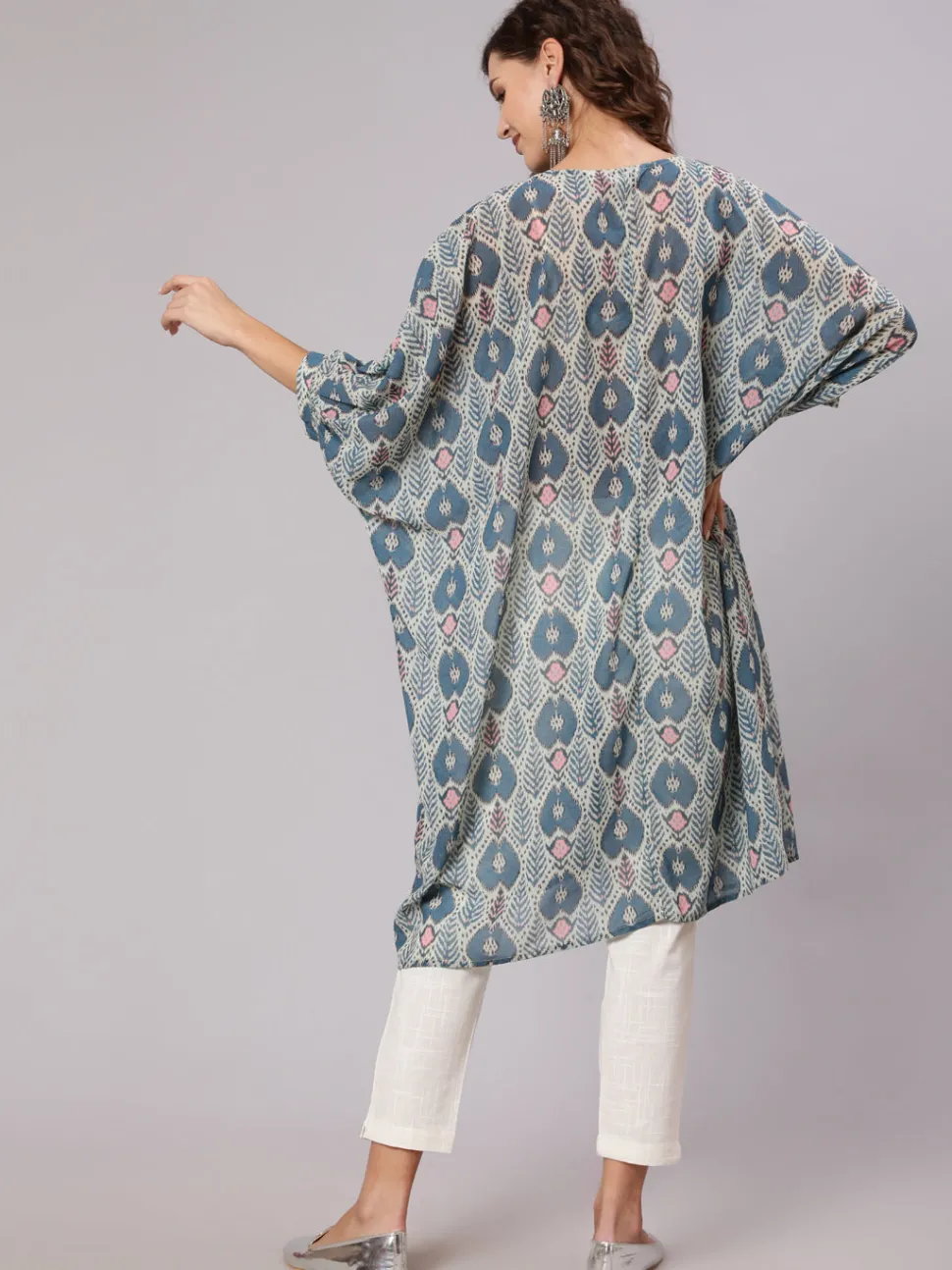 Jaipur Kurti Multi Color Mirror Work Embroidered Georgette Kaftan With Tassels And Slip, Cotton White Regular Fit Trousers