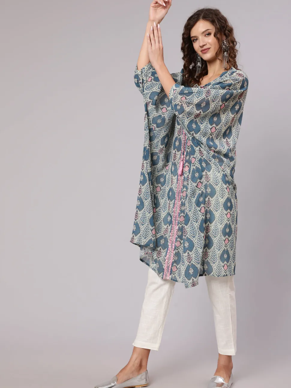 Jaipur Kurti Multi Color Mirror Work Embroidered Georgette Kaftan With Tassels And Slip, Cotton White Regular Fit Trousers
