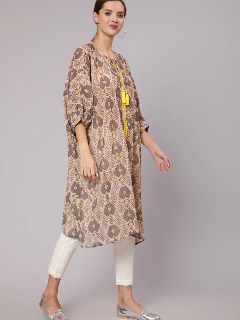 Jaipur Kurti Multi Color Mirror Work Embroidered Georgette Kaftan With Tassels And Slip, Cotton White Regular Fit Trousers