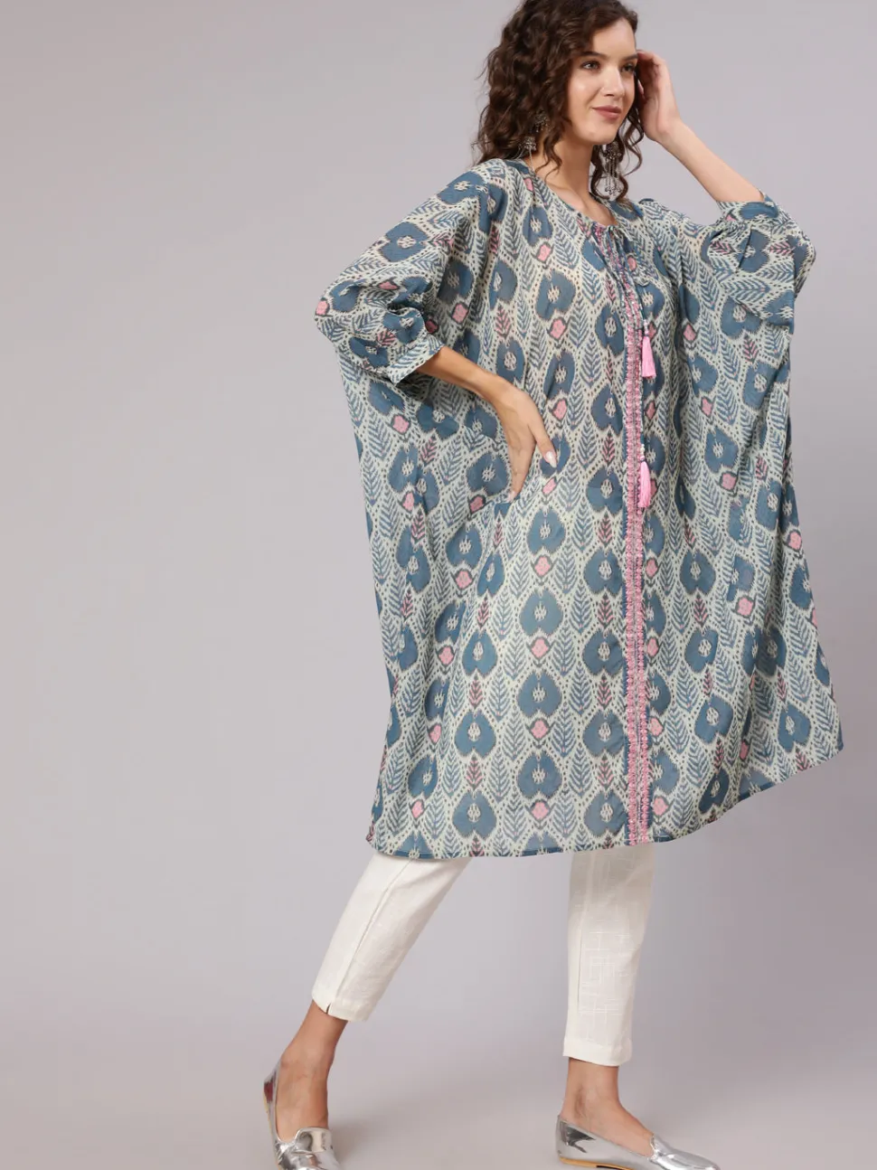 Jaipur Kurti Multi Color Mirror Work Embroidered Georgette Kaftan With Tassels And Slip, Cotton White Regular Fit Trousers