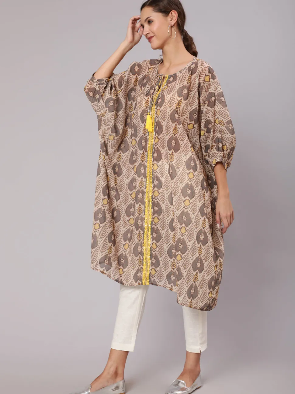 Jaipur Kurti Multi Color Mirror Work Embroidered Georgette Kaftan With Tassels And Slip, Cotton White Regular Fit Trousers