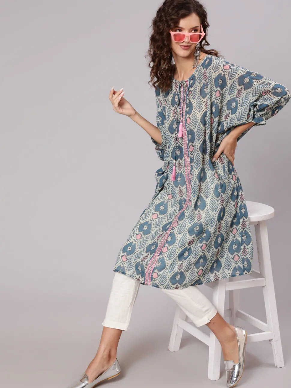 Jaipur Kurti Multi Color Mirror Work Embroidered Georgette Kaftan With Tassels And Slip, Cotton White Regular Fit Trousers