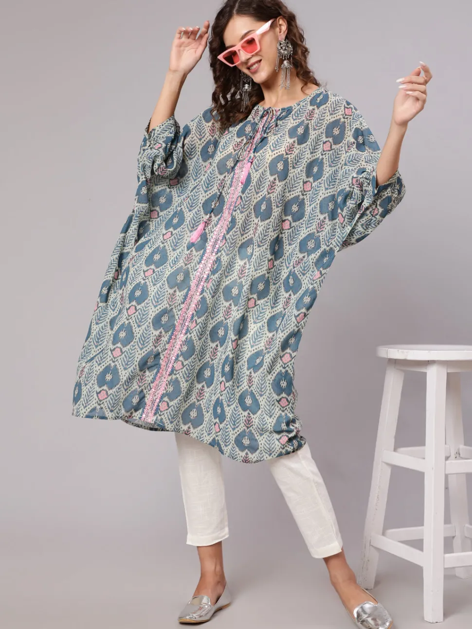 Jaipur Kurti Multi Color Mirror Work Embroidered Georgette Kaftan With Tassels And Slip, Cotton White Regular Fit Trousers