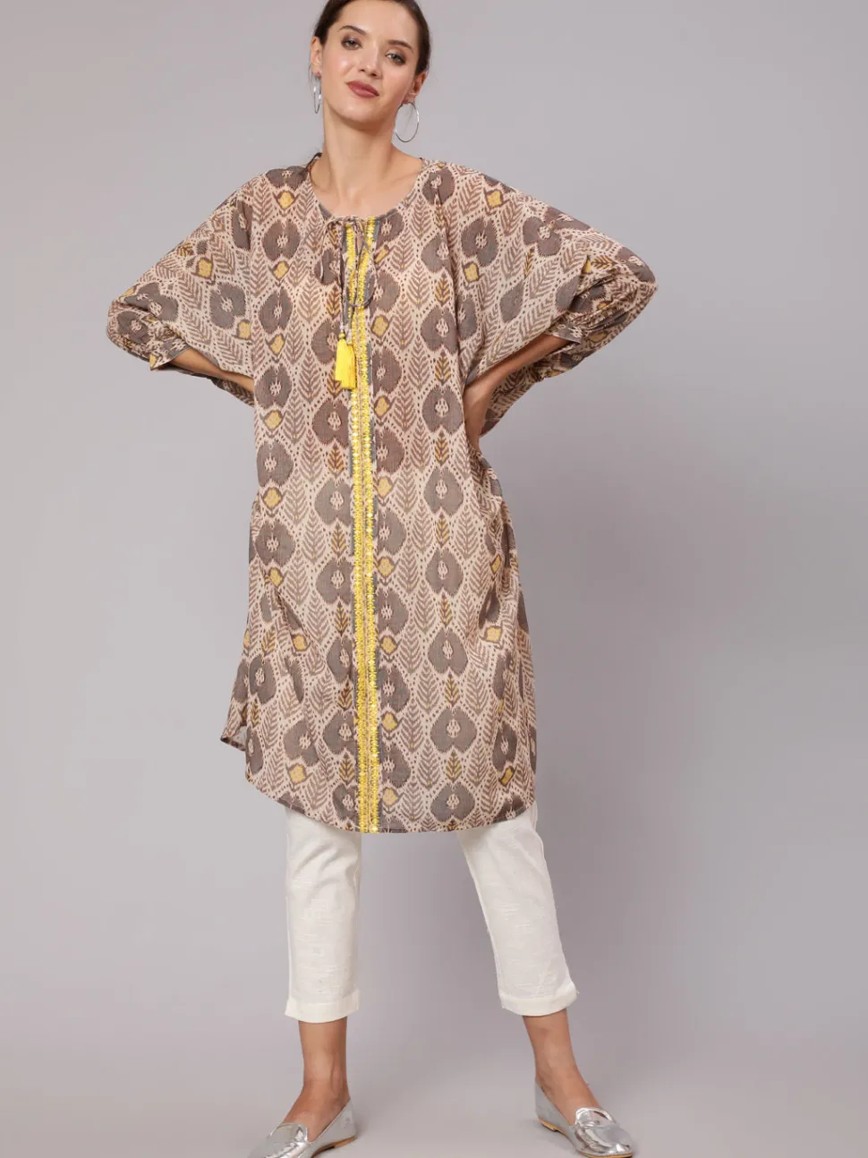 Jaipur Kurti Multi Color Mirror Work Embroidered Georgette Kaftan With Tassels And Slip, Cotton White Regular Fit Trousers