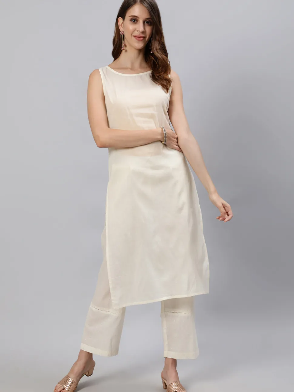 Jaipur Kurti Multi Color Mirror Work Embroidered Georgette Kaftan With Tassels And Slip, Cotton White Regular Fit Trousers