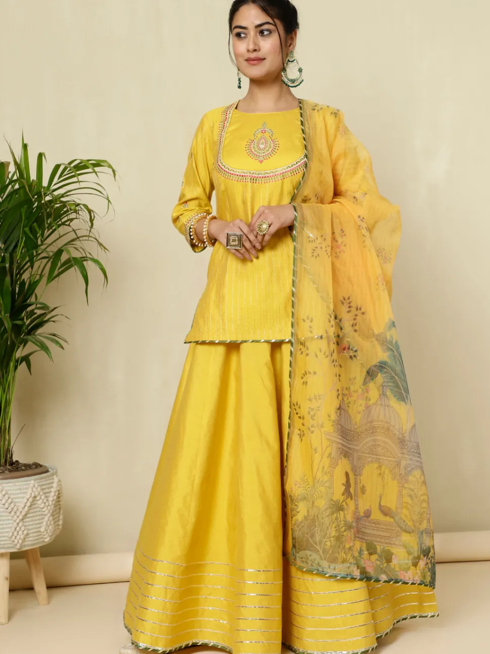 Jaipur Kurti Chanderi Kantha Embroidered Short Kurta With Skirt And Dupatta