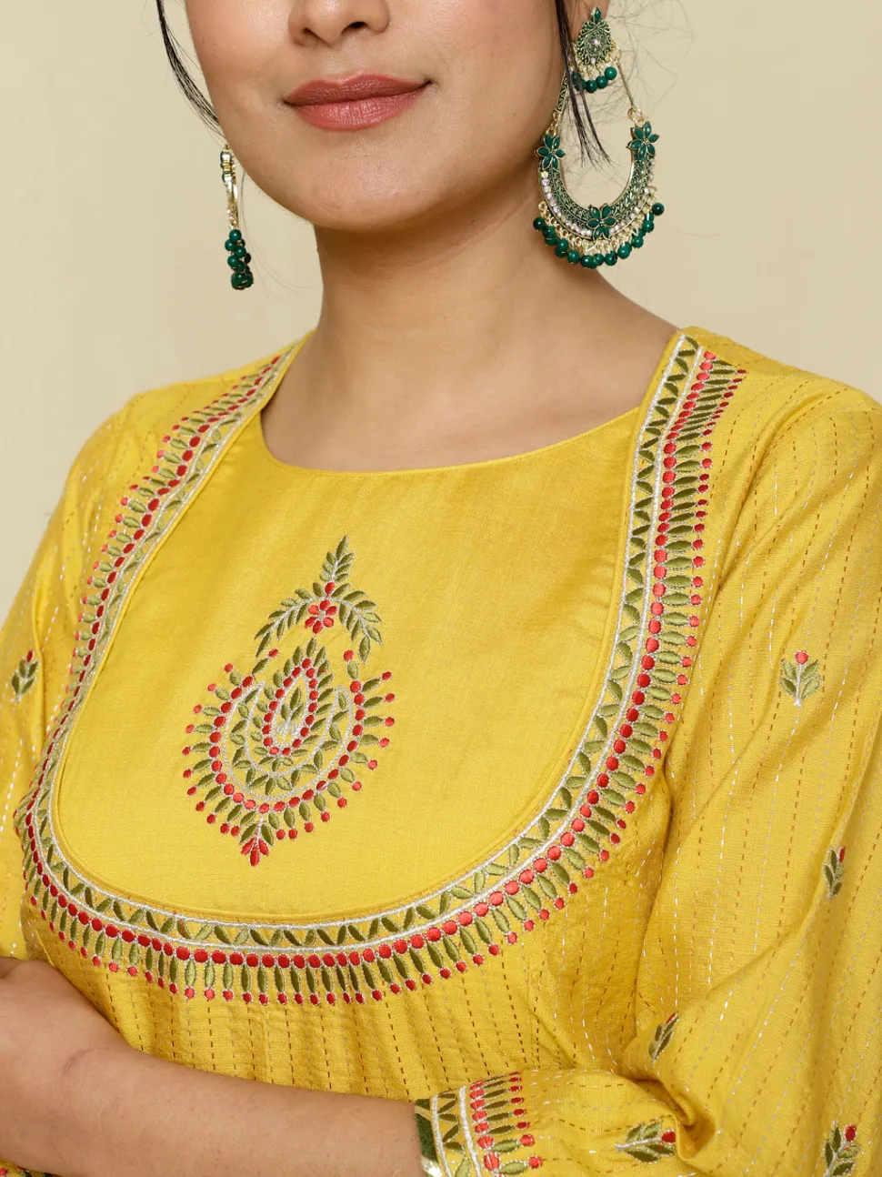 Jaipur Kurti Chanderi Kantha Embroidered Short Kurta With Skirt And Dupatta