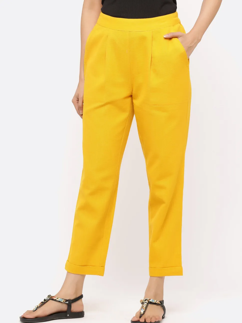 Jaipur Kurti Cotton Slub Bottom-Fold Straight Pants