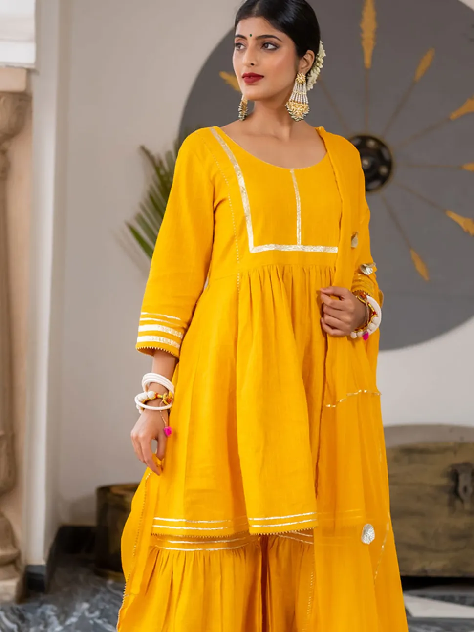 Jaipur Kurti Flared Cotton Short Kurta With Sharara And Dupatta
