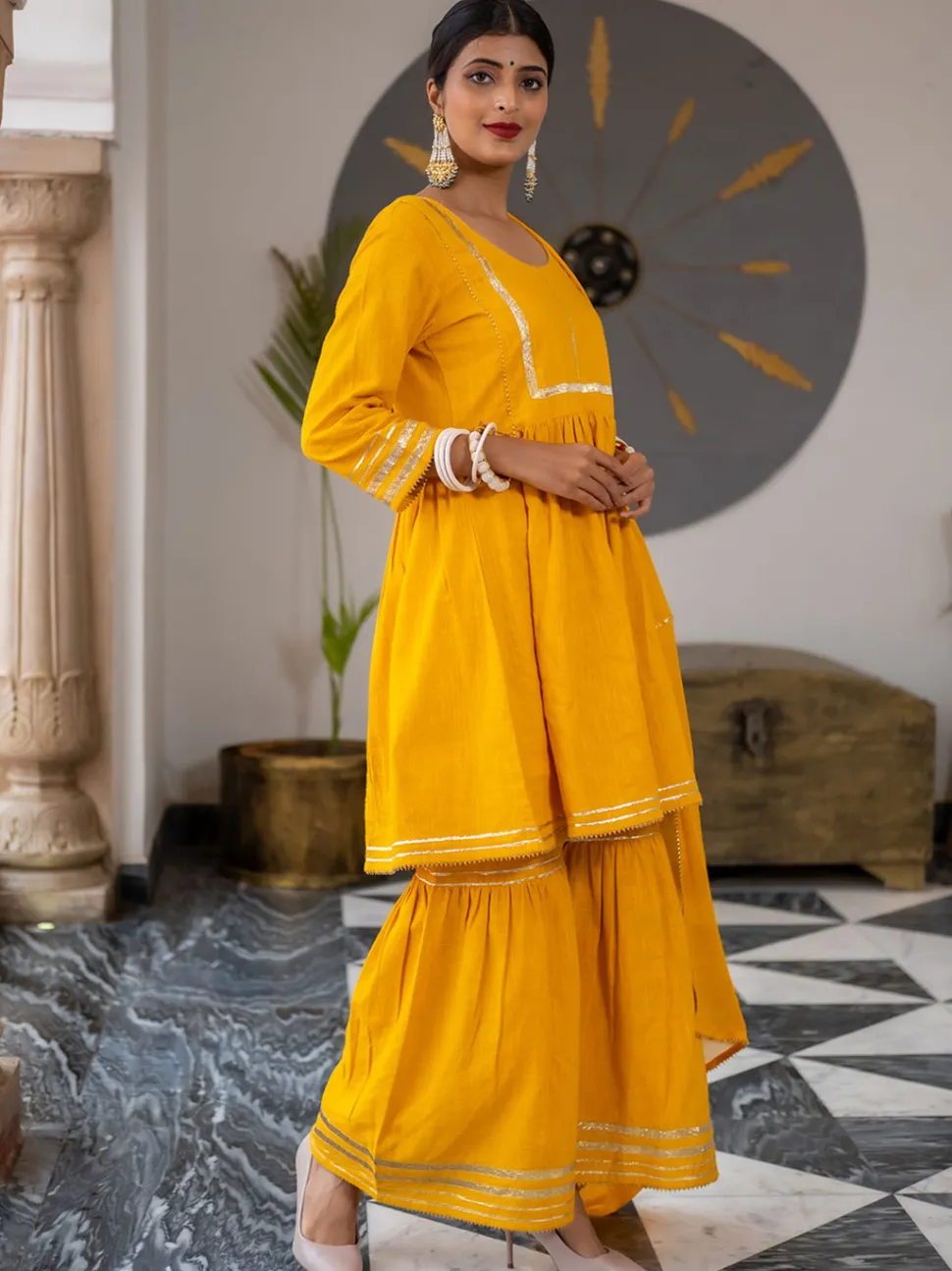 Jaipur Kurti Flared Cotton Short Kurta With Sharara And Dupatta