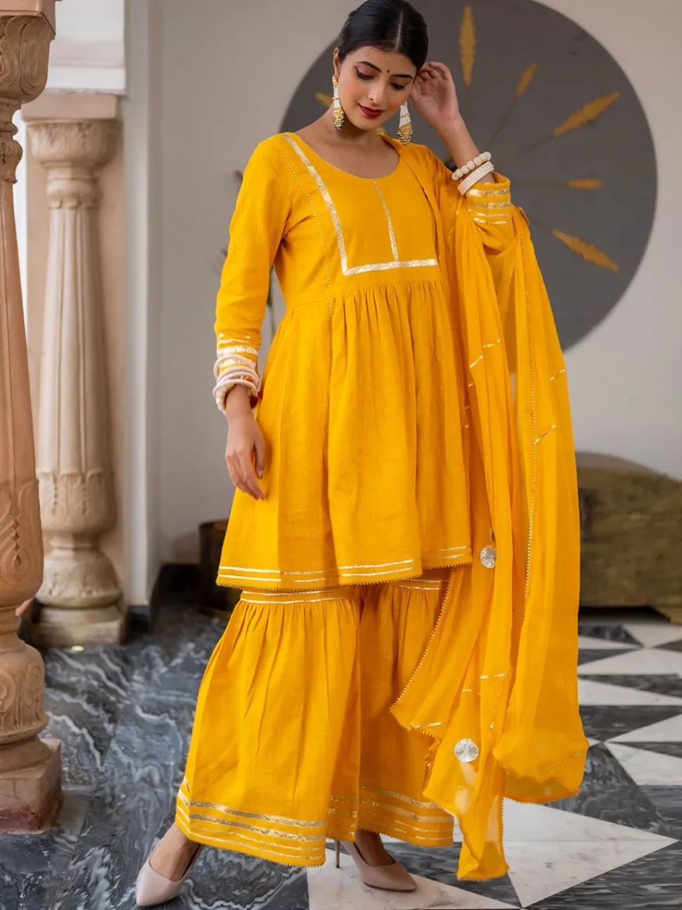 Jaipur Kurti Flared Cotton Short Kurta With Sharara And Dupatta
