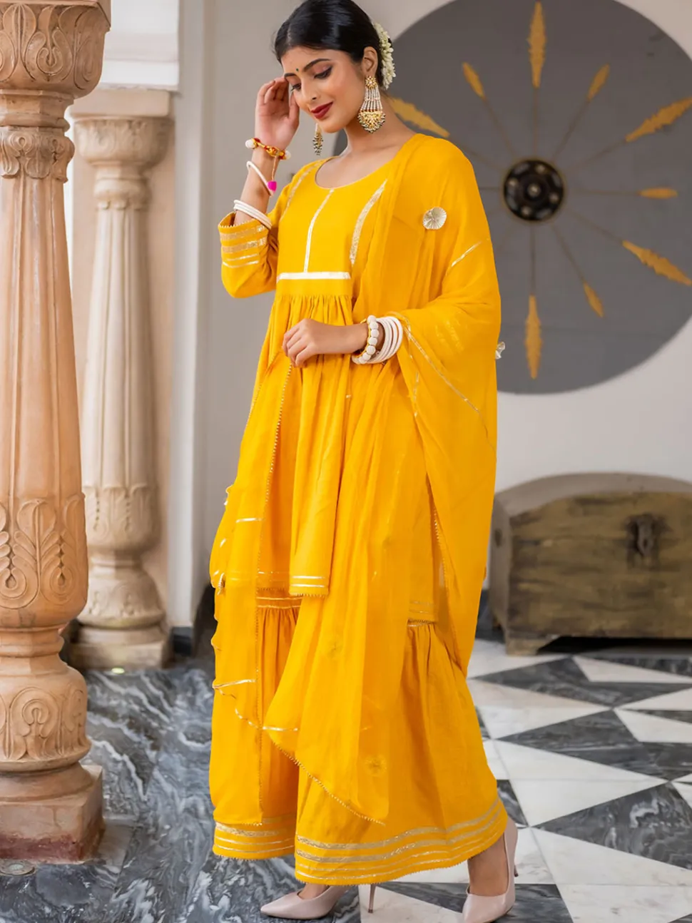 Jaipur Kurti Flared Cotton Short Kurta With Sharara And Dupatta