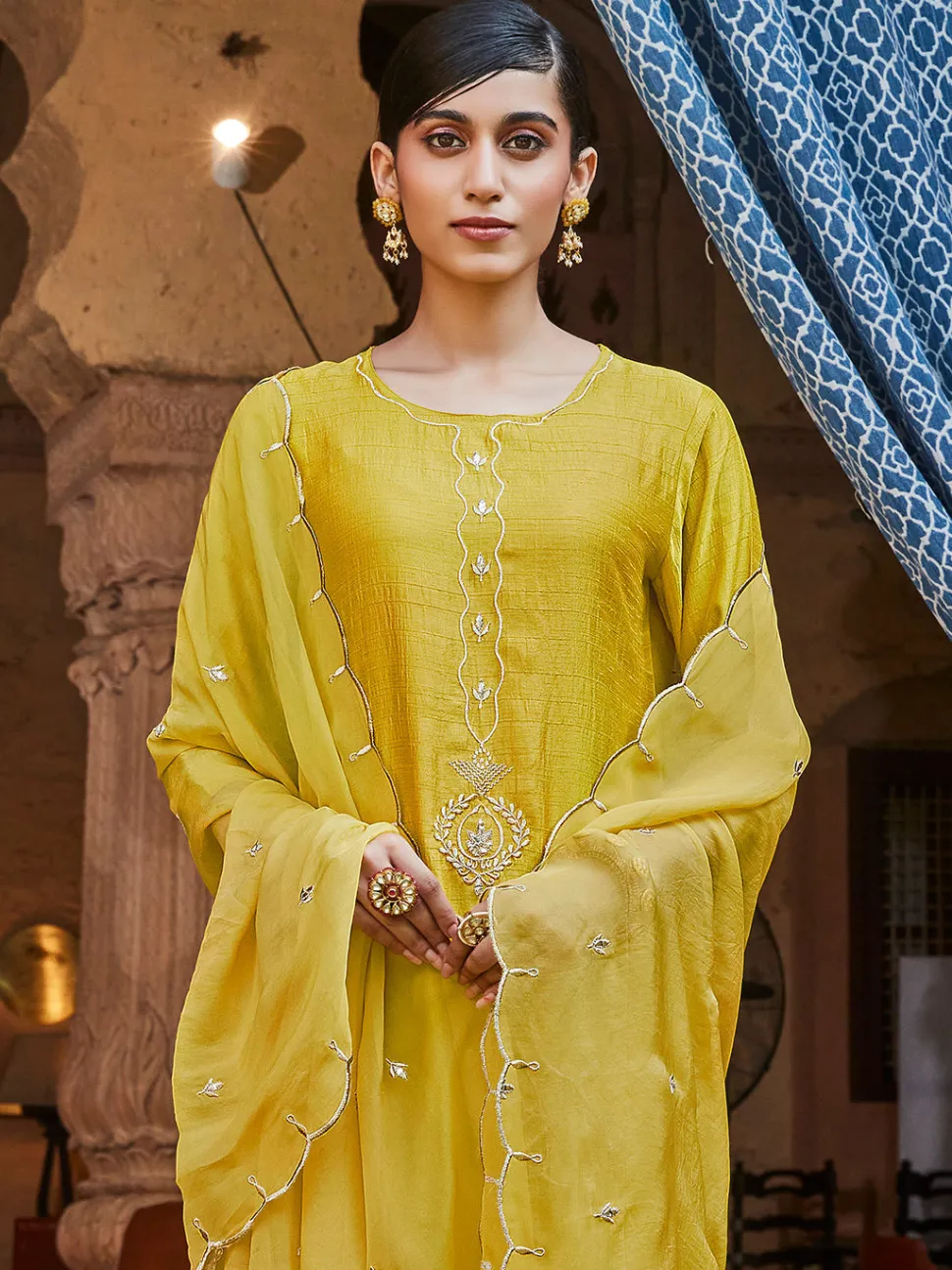 Jaipur Kurti Straight Solid Embroidered Silk Kurta With Palazzo And Organza Dupatta