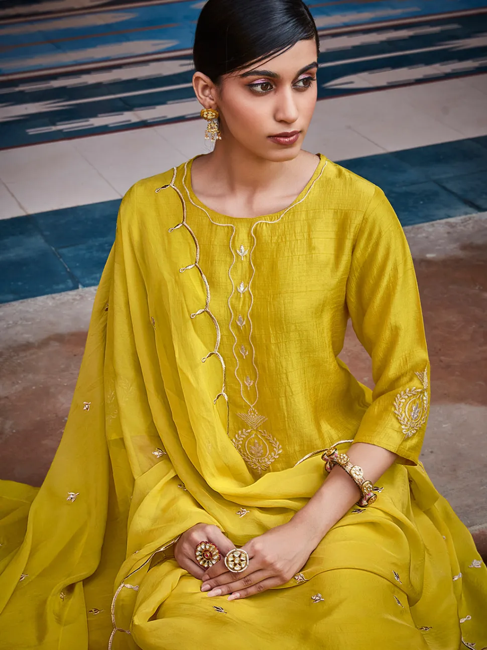 Jaipur Kurti Straight Solid Embroidered Silk Kurta With Palazzo And Organza Dupatta
