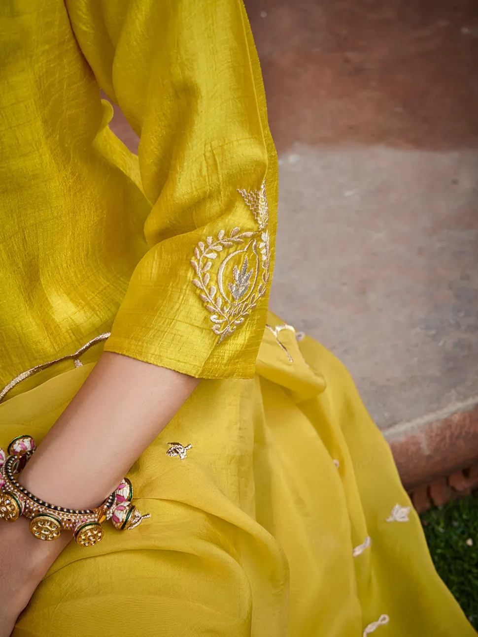 Jaipur Kurti Straight Solid Embroidered Silk Kurta With Palazzo And Organza Dupatta