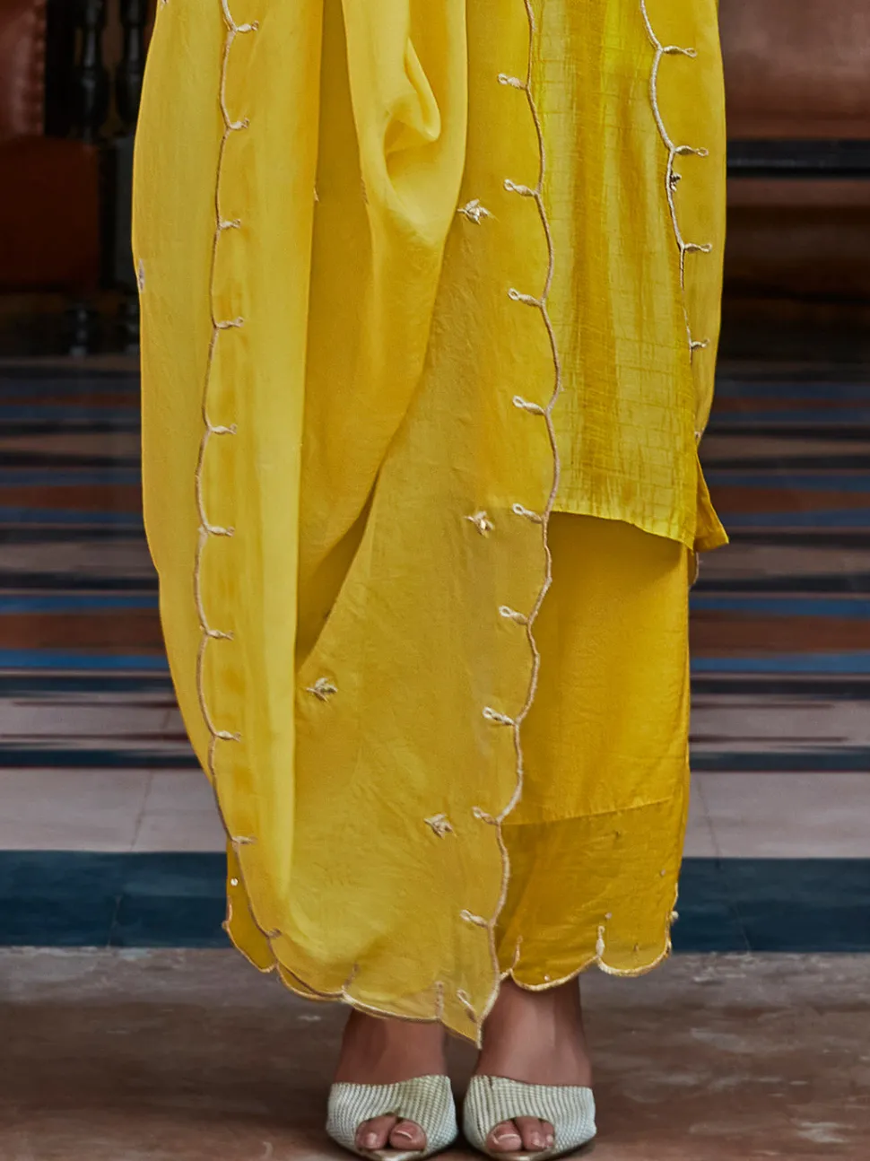 Jaipur Kurti Straight Solid Embroidered Silk Kurta With Palazzo And Organza Dupatta