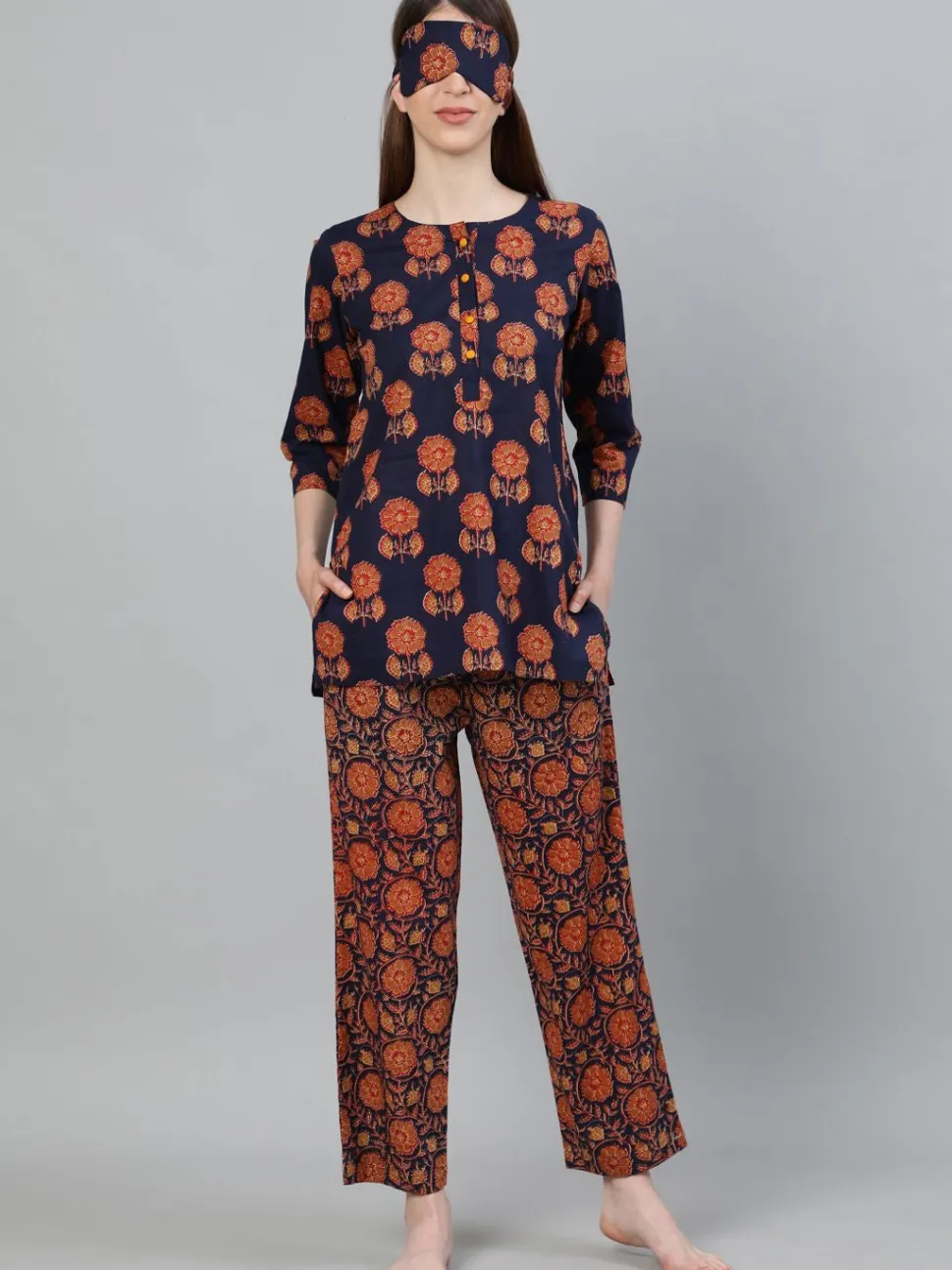 Jaipur Kurti Navy Blue Print Straight Cotton Short Kurta with Pyjamas