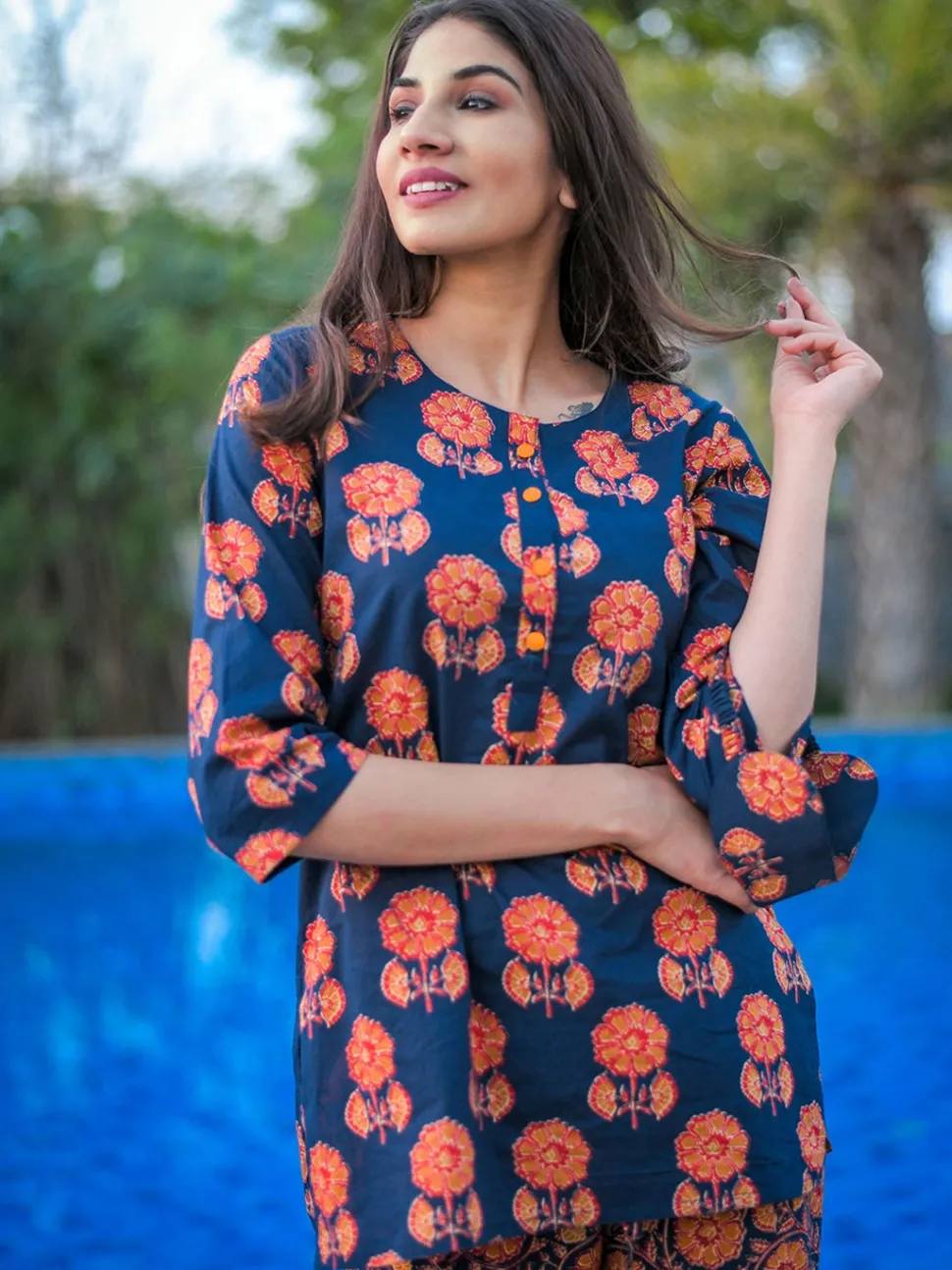 Jaipur Kurti Navy Blue Print Straight Cotton Short Kurta with Pyjamas