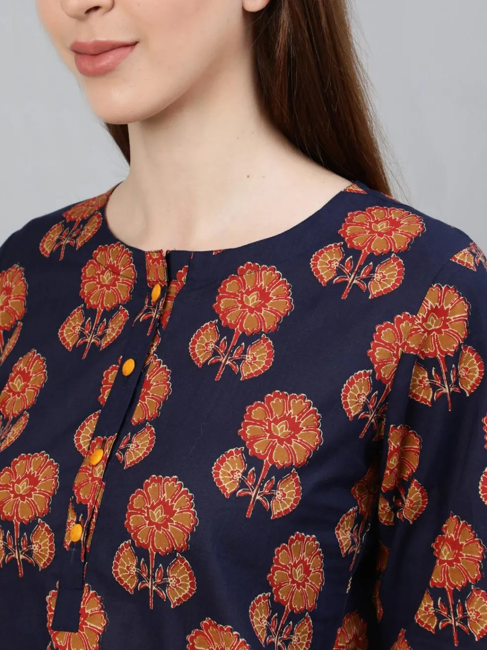 Jaipur Kurti Navy Blue Print Straight Cotton Short Kurta with Pyjamas