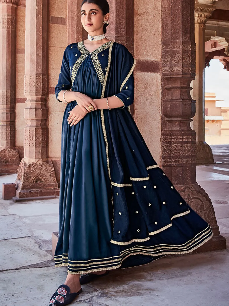 Jaipur Kurti Navy Zardosi Embroidered Silk Long Kurta Paired With Embroidered Organza Dupatta