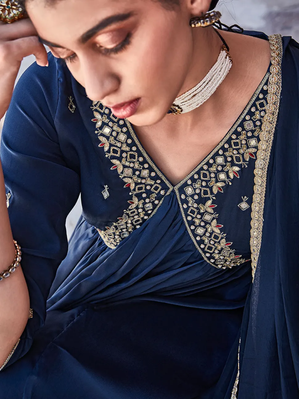 Jaipur Kurti Navy Zardosi Embroidered Silk Long Kurta Paired With Embroidered Organza Dupatta