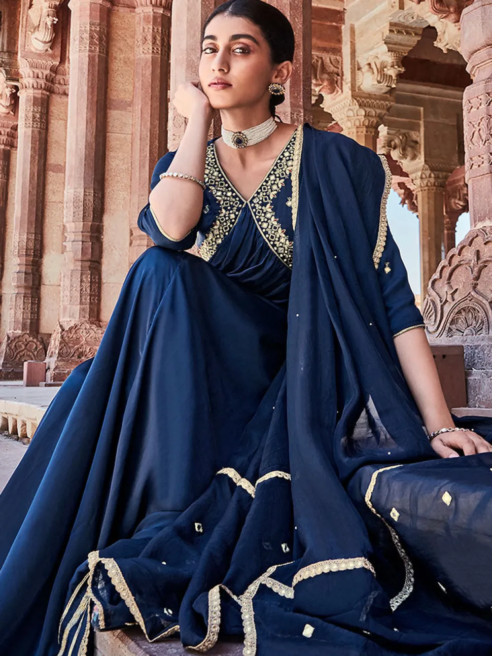 Jaipur Kurti Navy Zardosi Embroidered Silk Long Kurta Paired With Embroidered Organza Dupatta