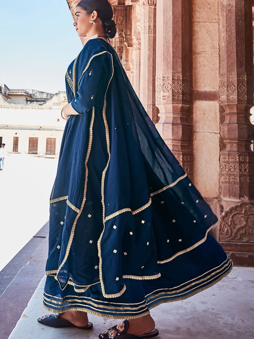 Jaipur Kurti Navy Zardosi Embroidered Silk Long Kurta Paired With Embroidered Organza Dupatta
