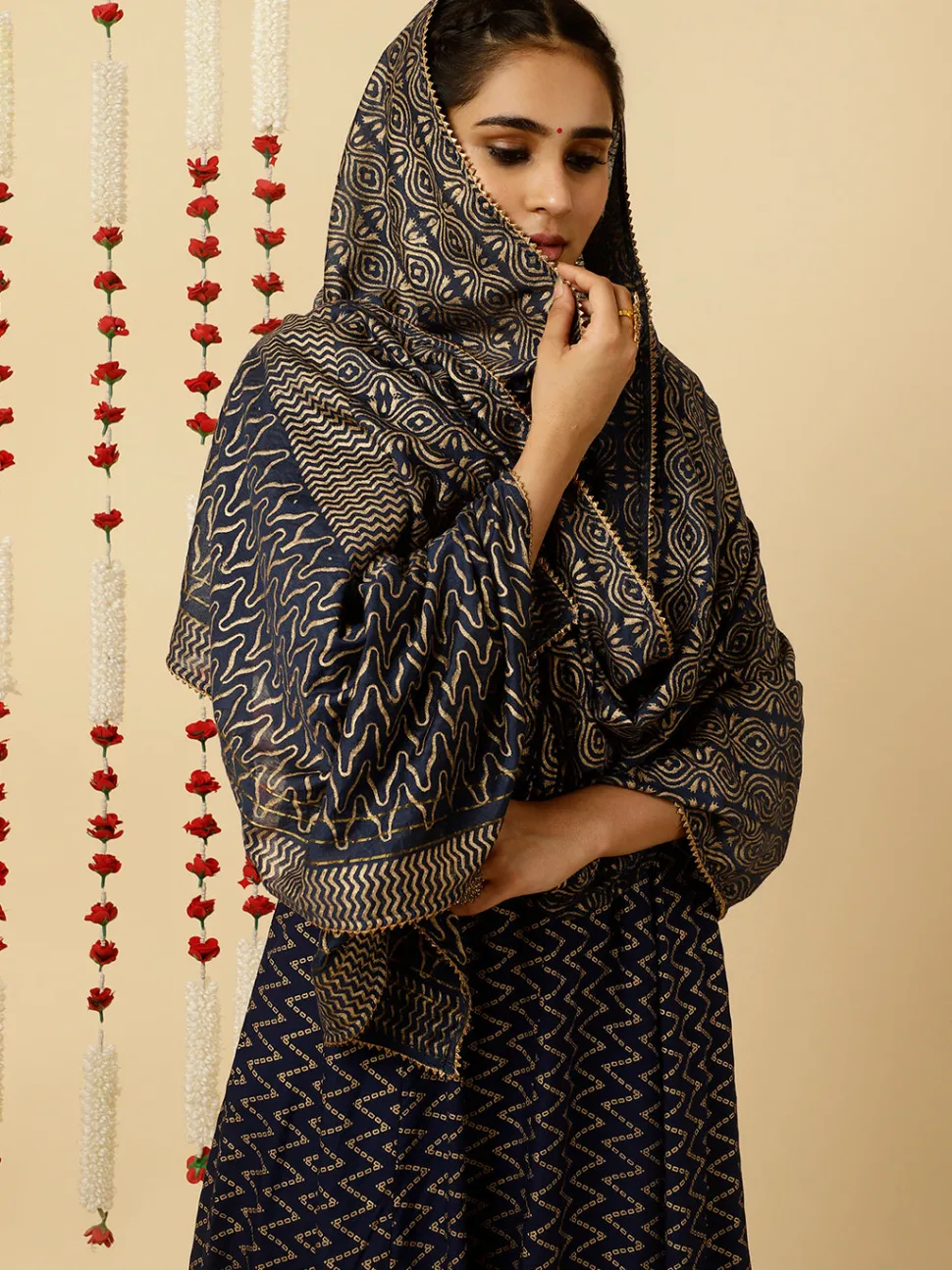 Jaipur Kurti Navy Blue Zigzag Printed Anarkali Kurta With Pants And Dupatta