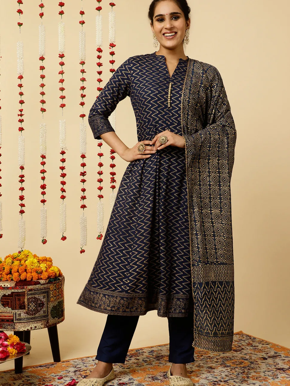 Jaipur Kurti Navy Blue Zigzag Printed Anarkali Kurta With Pants And Dupatta