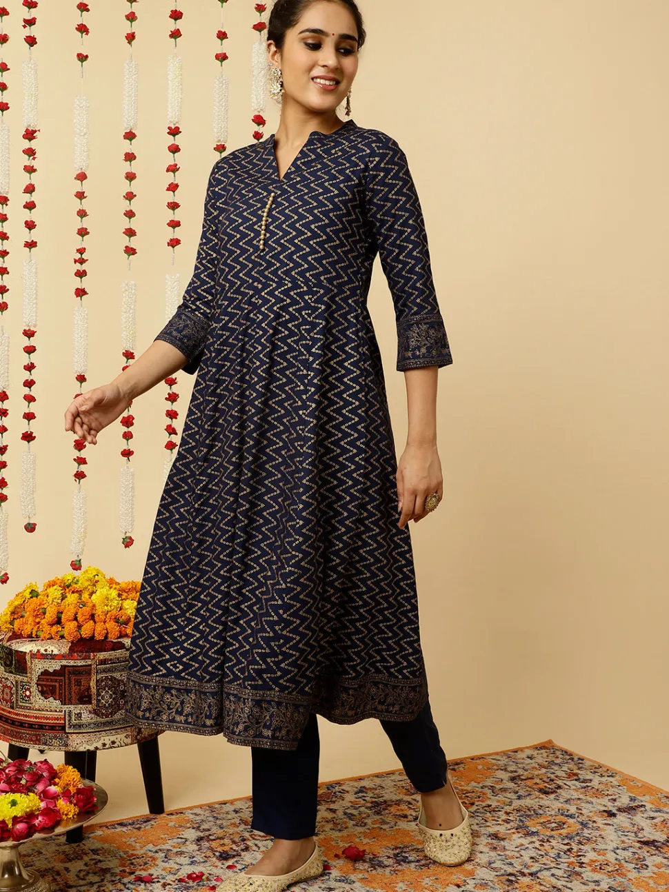 Jaipur Kurti Navy Blue Zigzag Printed Anarkali Kurta With Pants And Dupatta