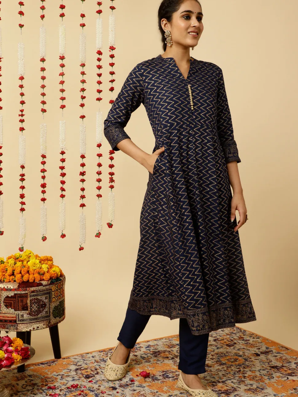 Jaipur Kurti Navy Blue Zigzag Printed Anarkali Kurta With Pants And Dupatta