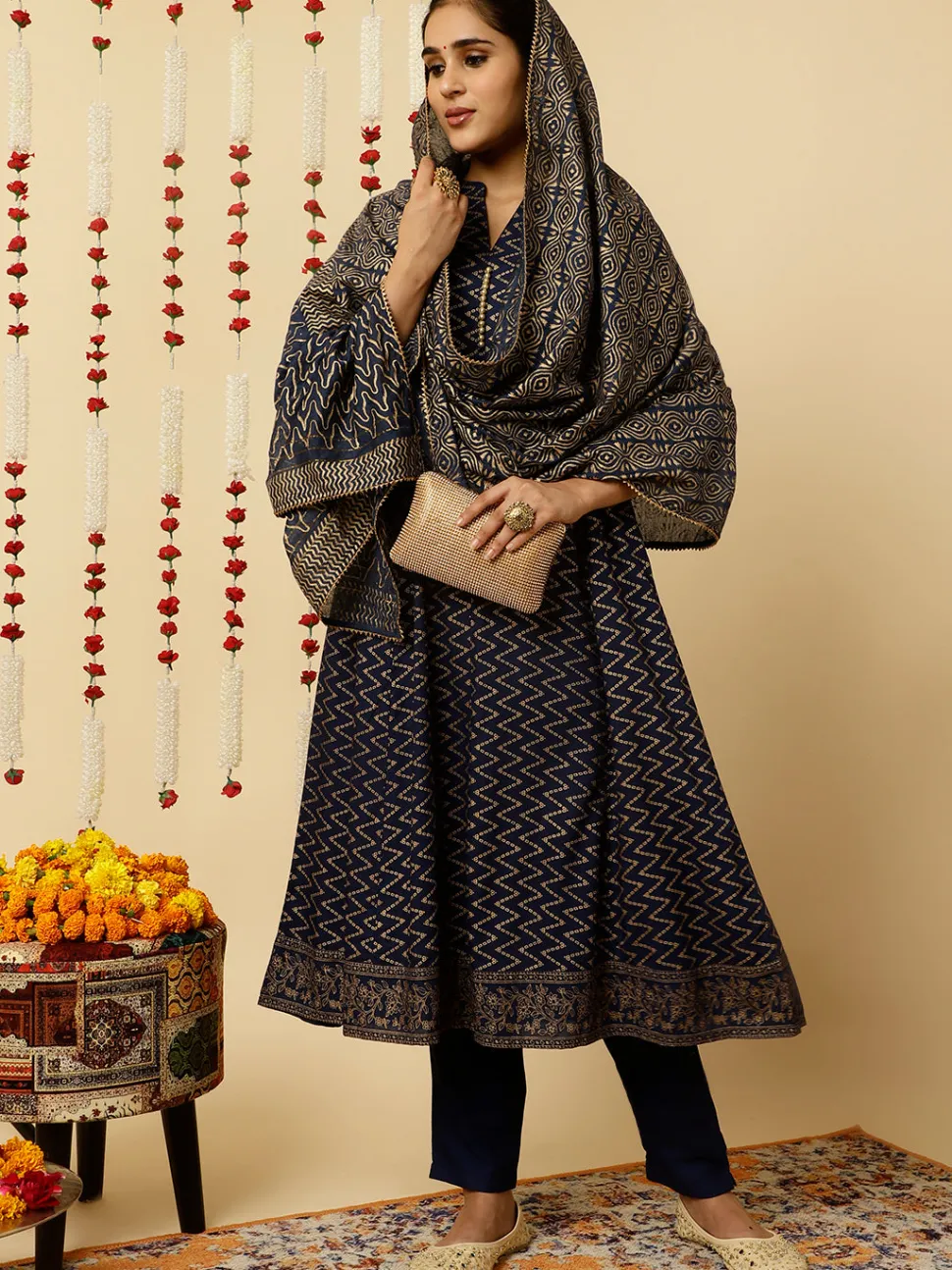 Jaipur Kurti Navy Blue Zigzag Printed Anarkali Kurta With Pants And Dupatta
