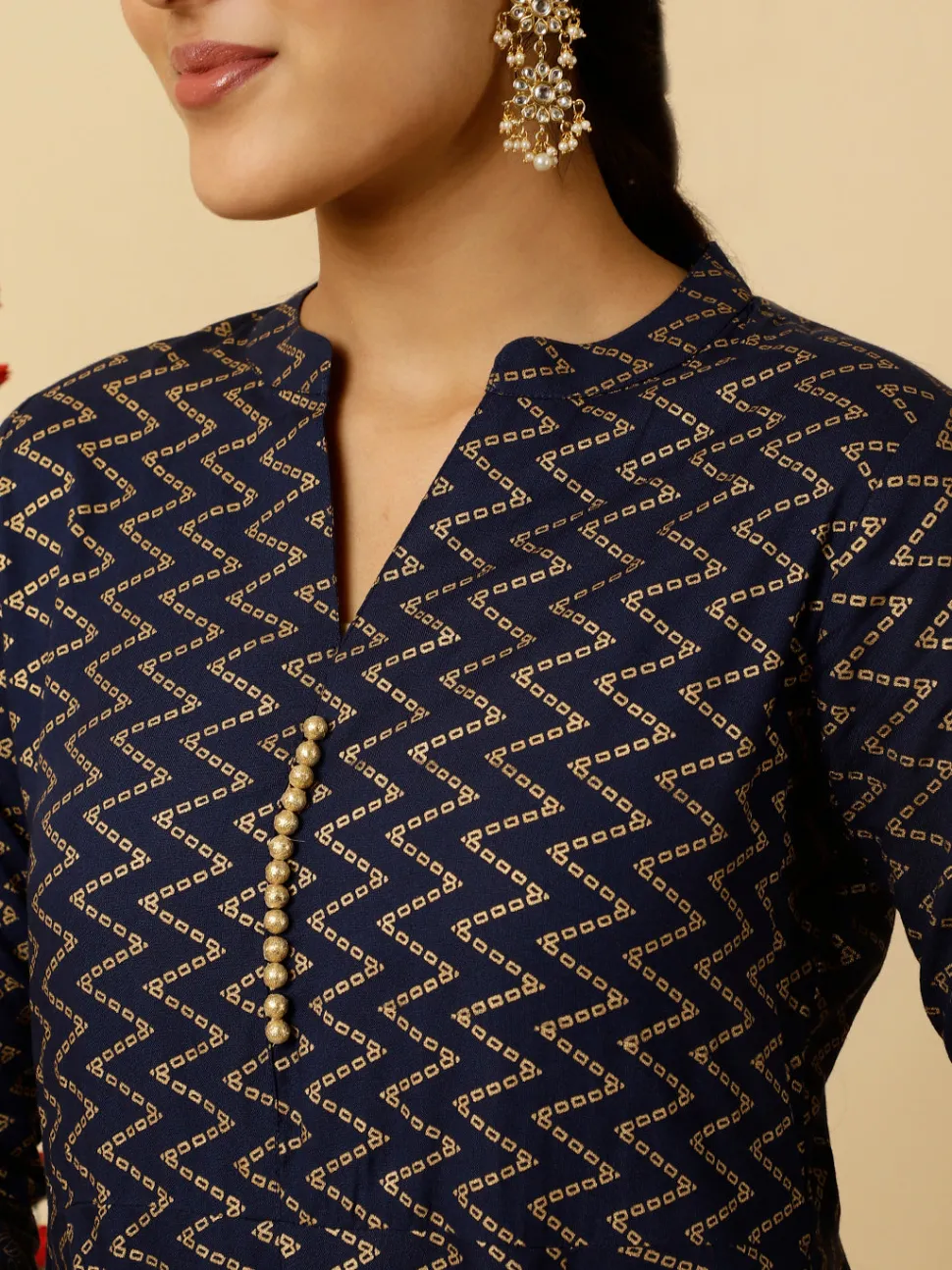 Jaipur Kurti Navy Blue Zigzag Printed Anarkali Kurta With Pants And Dupatta