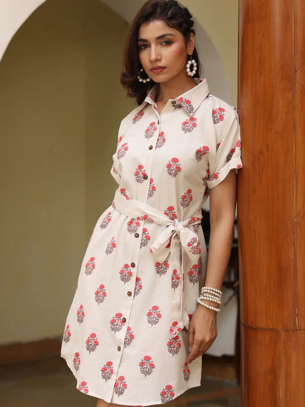 Jaipur Kurti Off- White Ethnic Printed Cotton Slub Shirt Dress With Belt