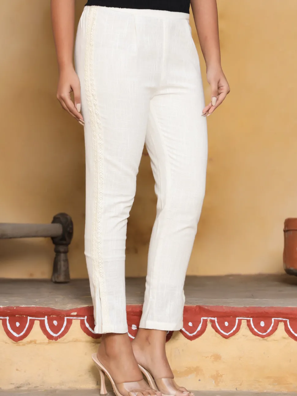 Jaipur Kurti Off White Ethnic Wear Cotton Pants With Lace