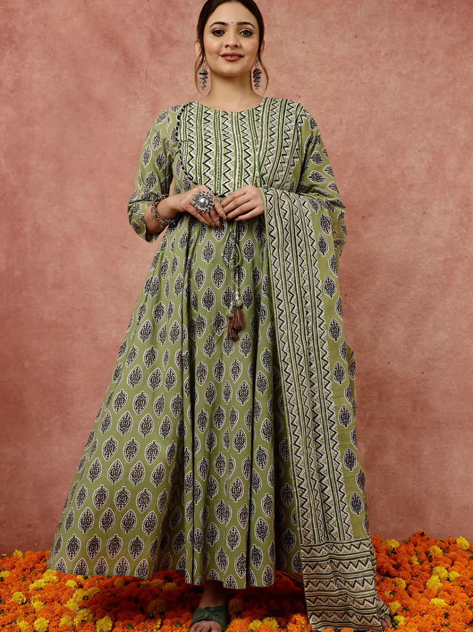 Jaipur Kurti Olive Ethnic Printed Flared Kurta With Zig-Zag Printed Pants And Dupatta
