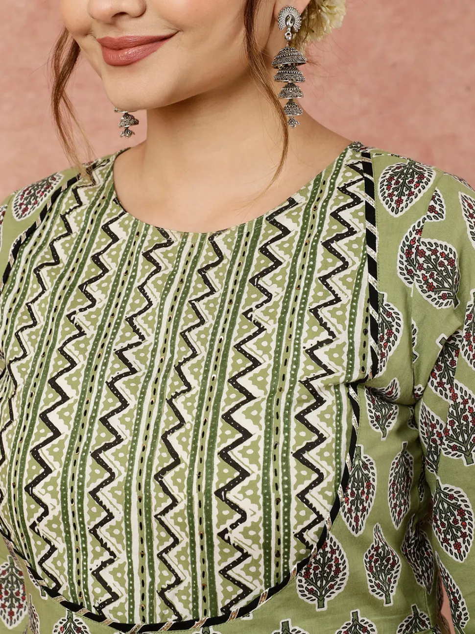 Jaipur Kurti Olive Ethnic Printed Flared Kurta With Zig-Zag Printed Pants And Dupatta