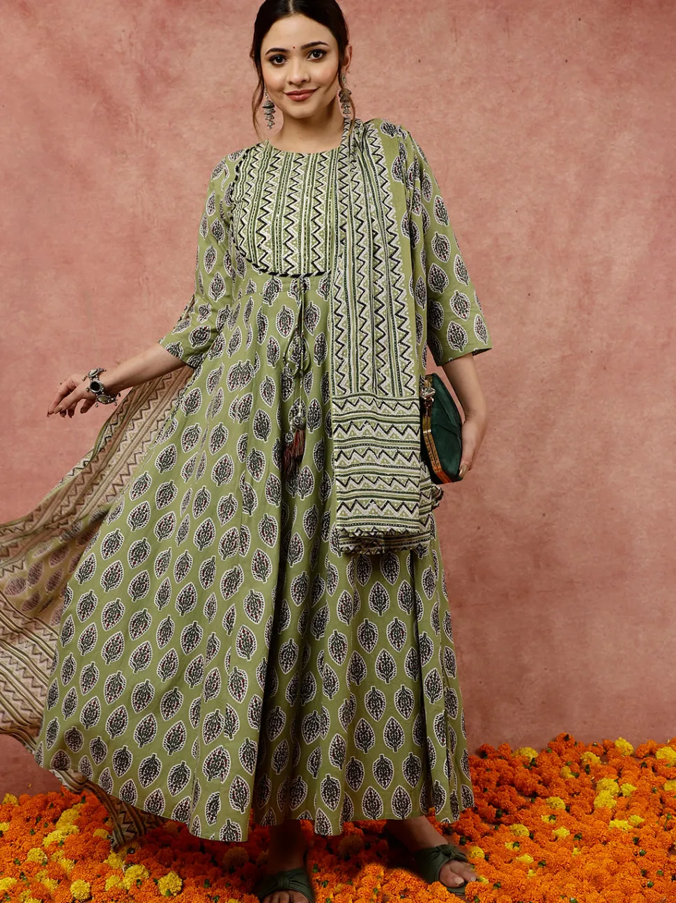 Jaipur Kurti Olive Ethnic Printed Flared Kurta With Zig-Zag Printed Pants And Dupatta