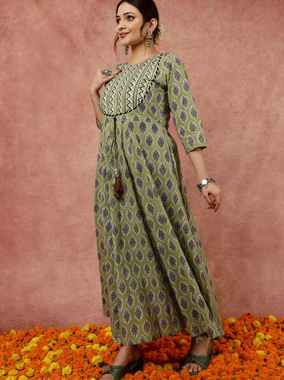 Jaipur Kurti Olive Ethnic Printed Flared Kurta With Zig-Zag Printed Pants And Dupatta