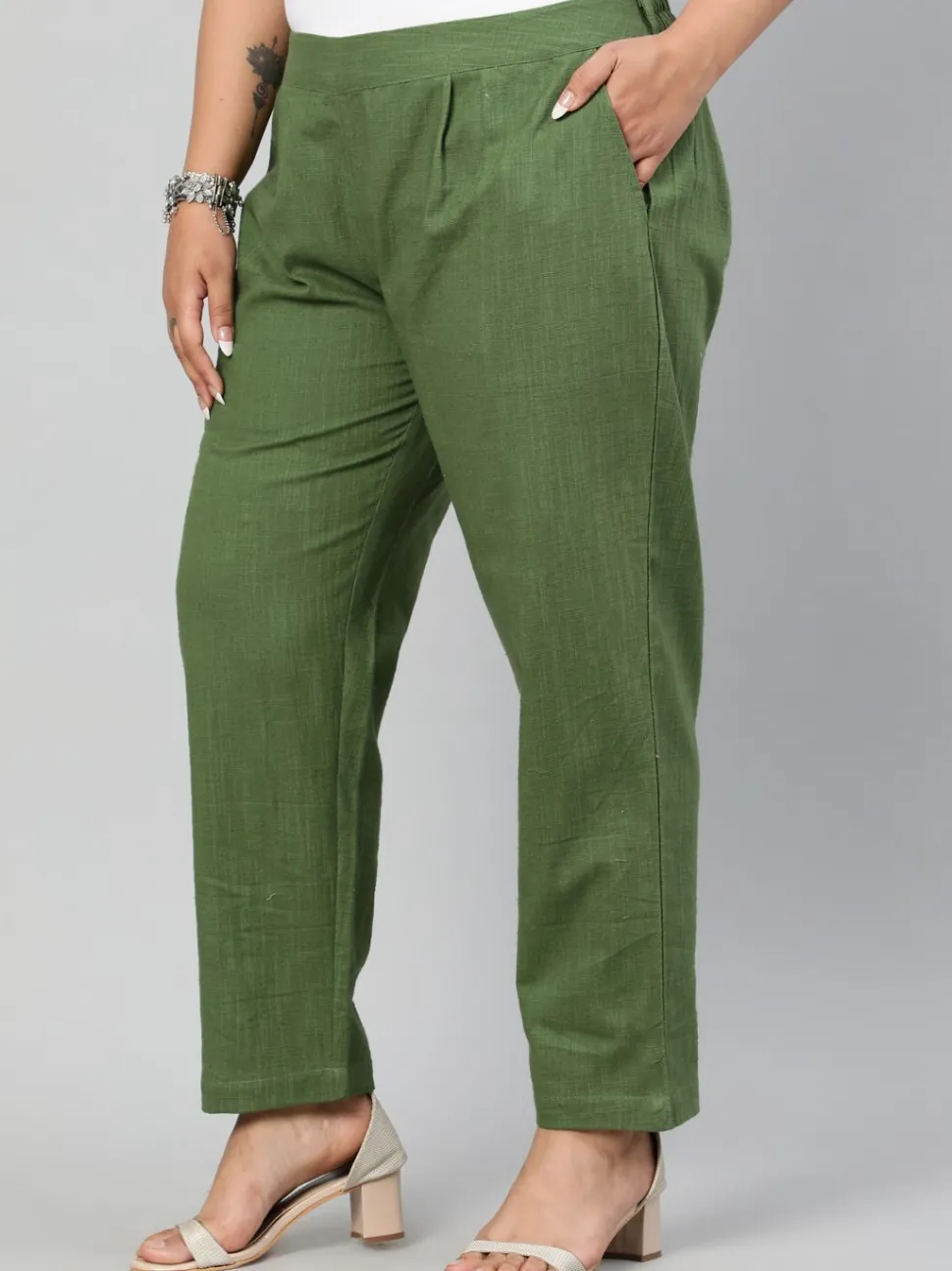 Jaipur Kurti Olive Green Plus Size Ethnic Wear Cotton Slub Pants