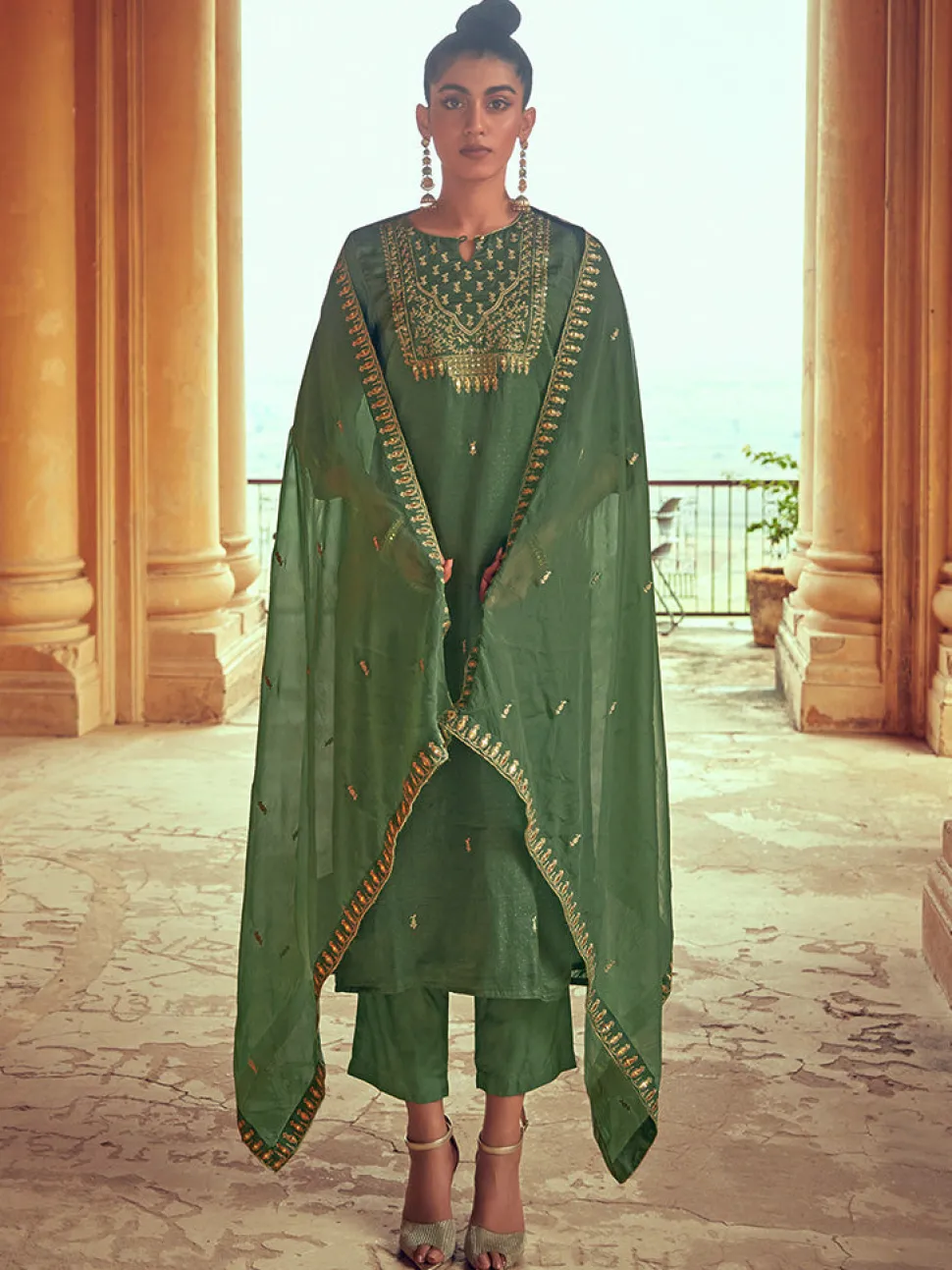 Jaipur Kurti Olive Straight Zarodosi Work Kurta With Solid Pants & Embroidered Dupatta